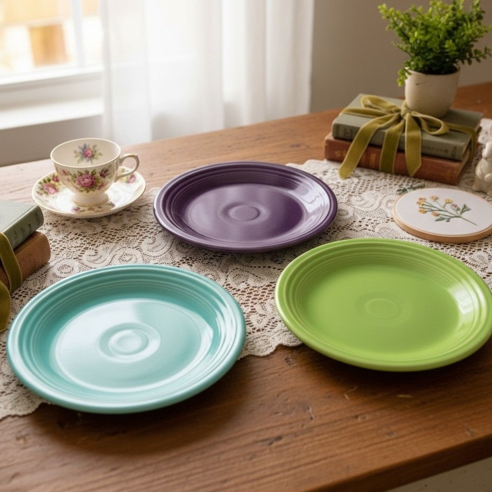 FiestaWare Bread Plates, Set of 3, Shamrock Green Plum Purple & Turquoise Blue